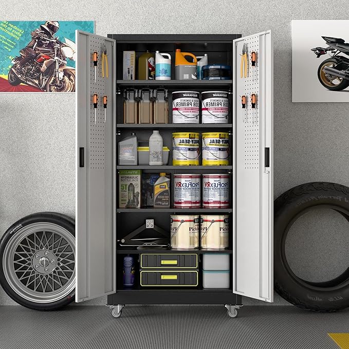 SUXXAN Garage Storage Cabinet with Pegboard and 5 Adjustable Shelves, 71'' x 34'' x 18''Metal Lockable Cabinet with Magnetic Doors,Tool Storage,Home Office Garage,Gym,School (Black-Silver)