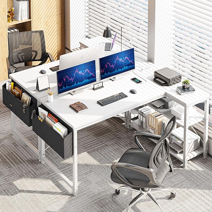 EnHomee Small Computer Desk with Storage Shelves & Side Bag, 40 Inch L Shaped Gaming Desk with Power Outlets, Corner Desk Study Writing Table for Home Office Bedroom Living Room, White