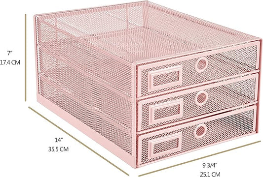 Annova Desk Organizer Wire Mesh 3 Tier Sliding Drawers Paper Sorter/Multifunctional/Premium Solid Construction for Letters, Documents, Mail, Files, Paper, Kids' Art Supplies (Light Pink)