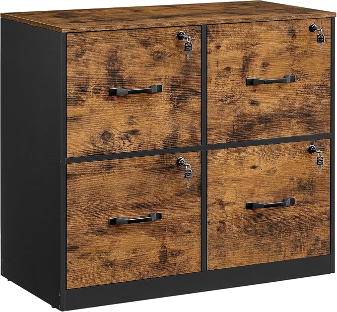 VASAGLE 4 Drawer File Cabinet with Lock, Printer Stand, Office Filing Cabinet Organizer, for A4 and Letter Size Documents, Rustic Brown and Black UOFC062B01