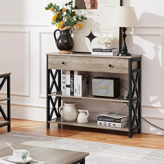 Yaheetech Console Table with Power Outlets and USB Ports, Wooden Entryway Table with Drawer and Open Shelves, Narrow Sofa Tables with Metal Frame for Living Room, Couch, Hallway, Grey