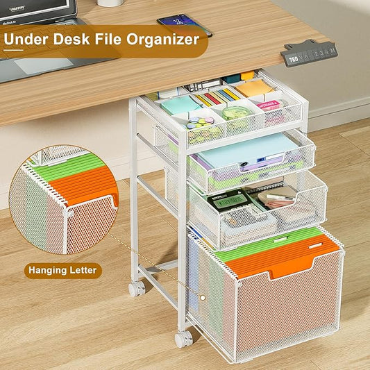 Rolling File Cart with 3 Storage Drawers, Under Desk Filing Cabinet with DIY Divider, Hanging File Folder Organizer on Wheels, Fits A4/Letter Size, Metal Utility Cart for Home Office, White