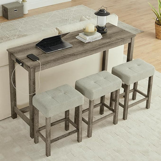 59" Power Outlet Mid Century Console Table, Slim Console Table with Solid Wood Frame, Long Narrow Console Tables for Living Room & Kitchen, Brown