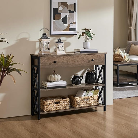 Yaheetech Console Table with Drawer and 2 Open Storage Shelves, Sofa Table for Living Room, 3-Tier Narrow Entryway Table, X-Shaped Design, Taupe Wood