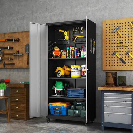 Metal Garage Storage Cabinet with Wheels,71" Tool Storage Cabinet with Adjustable Shelves,Lockable Storage Cabinets with Pegboards for Warehouse,Workshop,Garage,Basement,Utility Room(Black Grey)