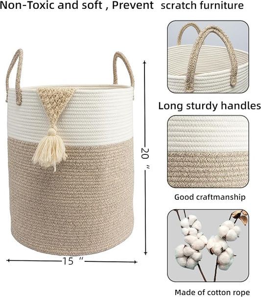 Woven Cotton Rope Laundry basket-15”X20” Laundry Hamper-Rope Storage Basket for Dirty Clothes, Toys and Blankets Perfect for Bathroom, Baby nursery and Living Room Storage (white and brown)