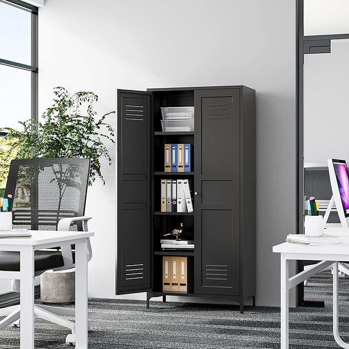 Metal Storage Cabinet-61” Tall Steel File Cabinets with Doors and 4 Adjustable Shelves-Black Steel Storage Cabinet for Home,Kitchen, School, Office, Garage