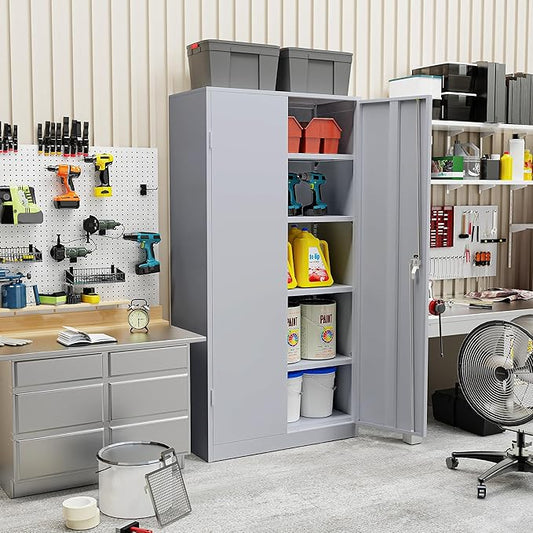 SUNCROWN 72" Metal Storage Cabinet - Heavy-Duty Metal Garage Cabinet with 4 Adjustable Shelves & 2 Doors for Tools, Office, Home, Workshop,Cement Grey