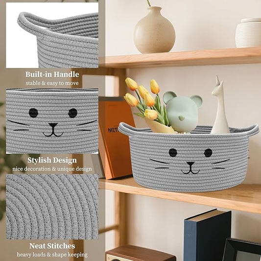 Large Cat Toy Basket - Gift Baskets Empty for Baby Shower Baby Baskets for Nursery Cute Woven Rope Storage Basket for Home Decor, Cat Pet toy box, Grey Easter basket, 13" D x 6" H