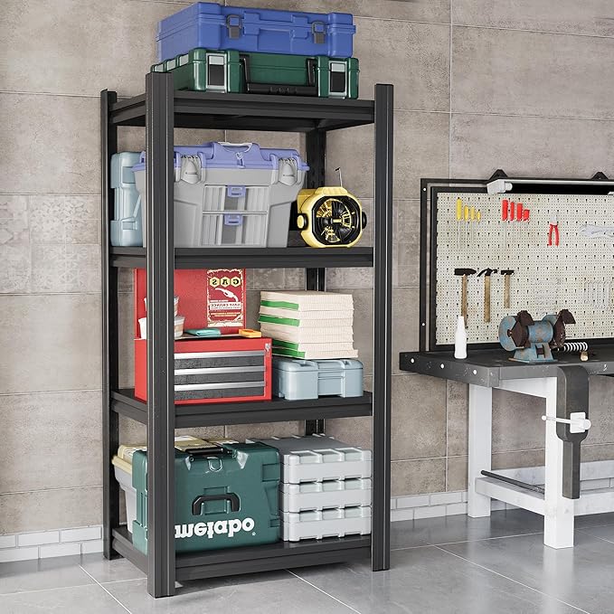 32"W Metal Garage Shelving Unit, Heavy Duty Adjustable Storage Rack, Steel Shelving, Industrial Metal Shelves for Heavy Tools and Equipment, Ideal for Garage, Basement, Kitchen 4-Tier 44"Hx32"Wx14"D