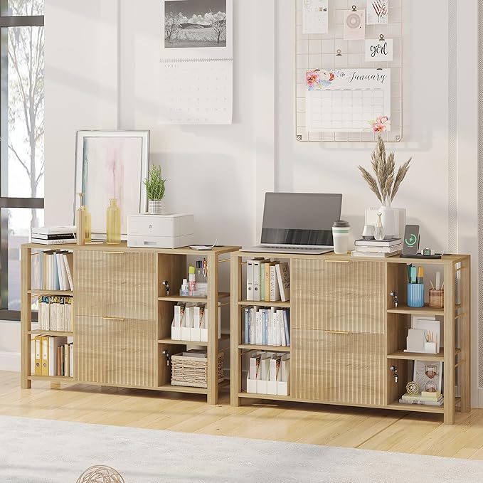File Cabinet for Home Office, Fluted Filing Cabinet with Charging Station, 2 Drawers Fit Letter/Legal/A4 with Tabs, Printer Stand with Lock & 2 Power Outlets, 6 Shelves (1, Oak)
