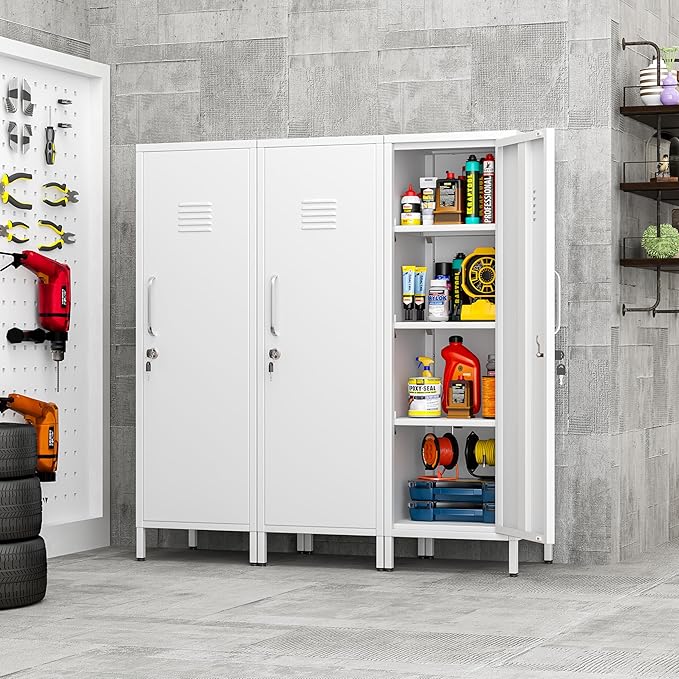 47.24" Metal Storage Locker with Lockable, Employees Metal Steel Locker with 1 Door & 3 Adjustable Shelves, Small Locker Storage Cabinets for Home, School, Office, Gym (White)