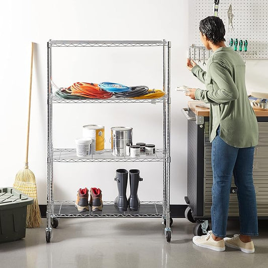 Amazon Basics 4-Shelf Adjustable Heavy Duty Storage Shelving Unit with Wheels, No-Tool Easy Assembly, Garage Shelving, Metal Wire Rack with Casters and Leveling Feet, 36" x 14" x 57.8", Chrome