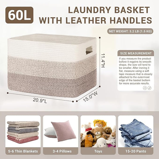 60L Laundry Basket with Leather Handles for Living Room Storage, Woven Rope Baskets Bin for Blanket, Kids Toy, Gifts, Wicker Hamper for Bedroom Dirty Clothes, Gradient Brown