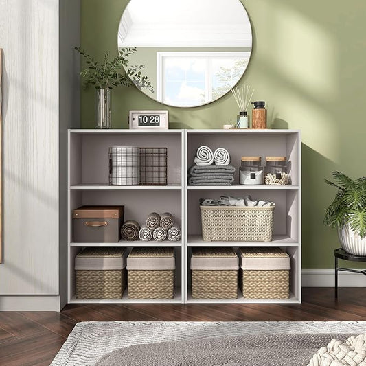 Homes: Inside + Out Apexa 3-Tier Cube Storage Organizer Shelves, Stackable Wood Bookcase Fits Cubby Bins for Organization, Dorm Teen Room Decor & Home Office, Taupe Grey