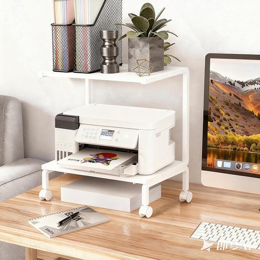 Printer Stand with Storage for Desk, with Wheel, 2 Tier Desktop Printer Stand-Multi-Purpose Desk Organizer, Large Wooden Printer Table for Folders,Books,for Fax Machine, Scanner,Home Office