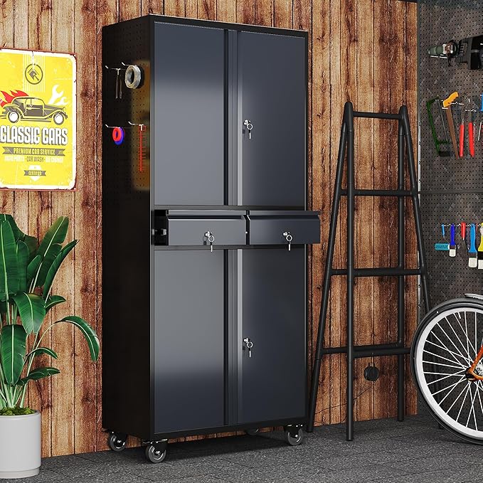 Garage Storage Cabinet with Wheels, 8 Hooks and Pegboards, 71" H 2 Drawer Rolling Metal Storage Cabinet with Locking Doors and 2 Adjustable Shelves for Garage, Warehouse, Black and Dark Gray