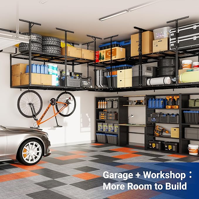 FLEXIMOUNTS 4x8 2-Tier Overhead Garage Storage Rack – Adjustable Heavy Duty Metal Garage Ceiling Storage Racks, 1000 lbs Capacity – Garages Organization System for 9–15 ft Tall Garages, Black
