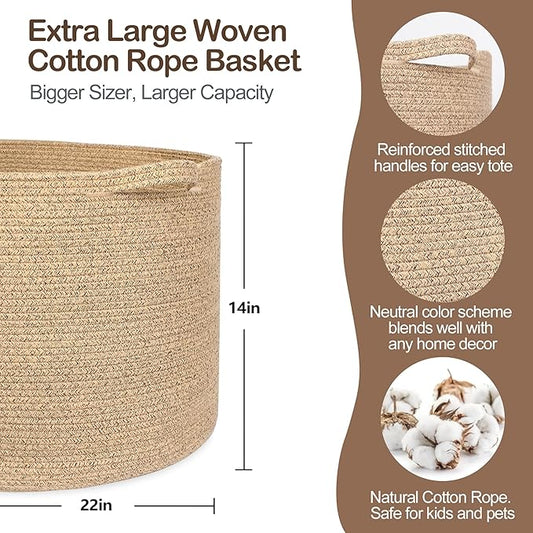 Large Wicker Storage Basket, 22” X 22” X 14” Woven Cotton Rope Basket, Kids Dog Toy Bin Organizer, Blanket Pillow Holder for Living Room, Brown Variegated Wicker Baskets for Organizing
