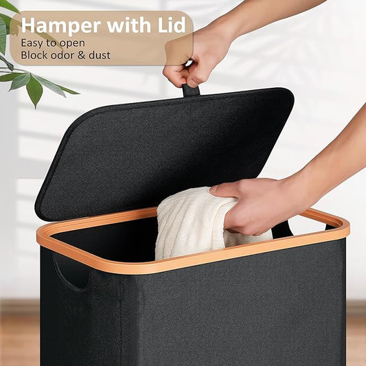 Slim Laundry Basket with Lid, Narrow Dirty Clothes Hampers for Laundry with Handle, Skinny Laundry Bin for Laundry Room, Dorm, Bedroom and Bathroom, 19.8 Gallon (75L) Black