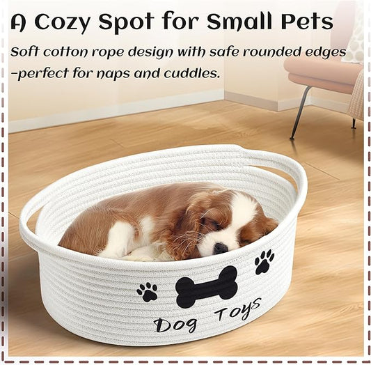 Small Woven Dog Gifts Basket for Storage Empty Dog Toy Bins Organizer with Ribbons and Bags Durable Cute Pet Gifts 12"X 8" X 5" Small Rope Basket for Gifting