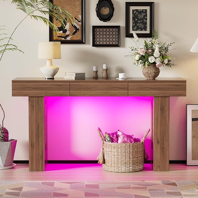 PAKASEPT 63-Inch Long Console Table with Colorful LED Lights and 3 Drawers, Wooden Rectangular Sofa Table Behind The Couch, Farmhouse Entryway Table for Entrance, Hallway, Living Room