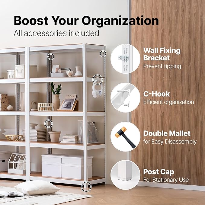 HOMEDANT House 5 Tier Heavy Duty Garage Shelving Adjustable Metal Rack Storage Shelves Standing Shelf Unit Organizers Pantry Closet Office (2, White, (Wheels) 48.1" W x 18.5" D)