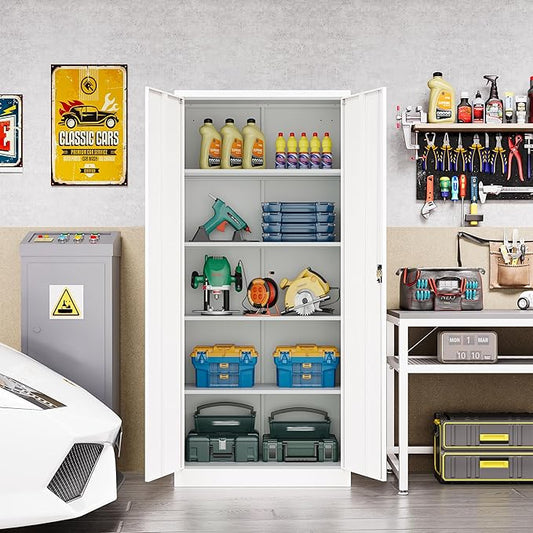 Metal Storage Cabinet with Lock,Lockable Garage Cabinet with 2 Doors and 5 Adjustable Shelves,Tall Steel Cabinets for Garage,Workshop,Gym,School