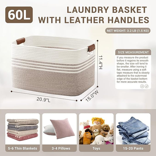 60L Large Laundry Basket with Leather Handles for Living Room Storage, Woven Rope Baskets Bin for Blanket, Kids Toy, Gifts, Wicker Hamper for Bedroom Dirty Clothes, White Brown