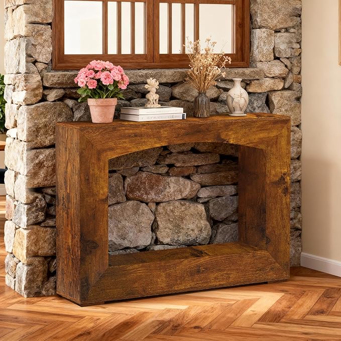 46 Inch Entryway Table U-Shaped, Wooden Console Table with Socket Farmhouse Sofa Table for Entrance, Hallway, Living Room,Behind Couch(Rustic Brown)