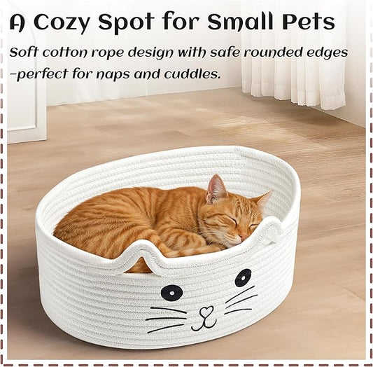 Small Woven Cat Gifts Basket for Storage Empty Cat Toy Bins Organizer with Ribbons and Bags Durable Cute Pet Gifts 12"X 8" X 5" Small Rope Basket for Gifting