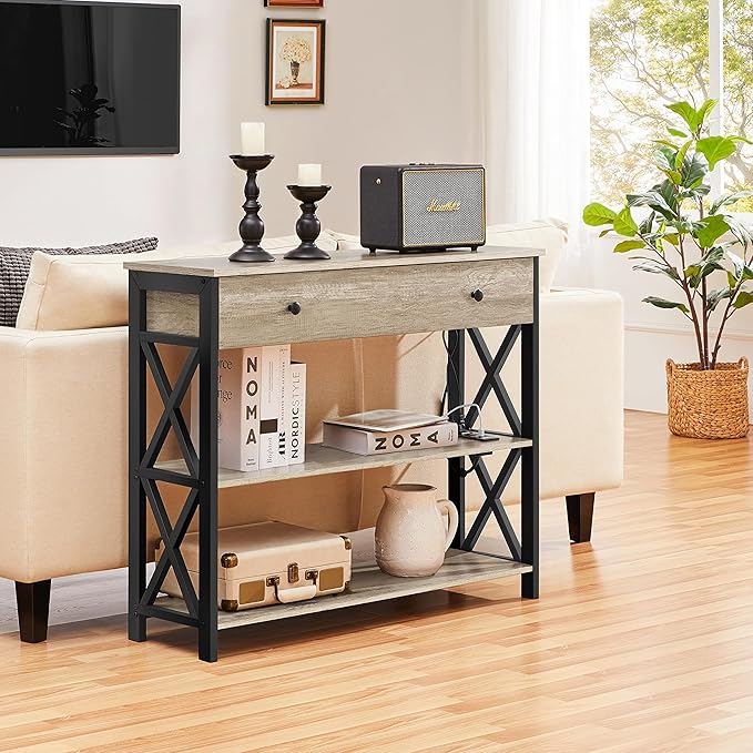 Yaheetech Console Table with Power Outlets and USB Ports, Wooden Entryway Table with Drawer and Open Shelves, Narrow Sofa Tables with Metal Frame for Living Room, Couch, Hallway, Grey