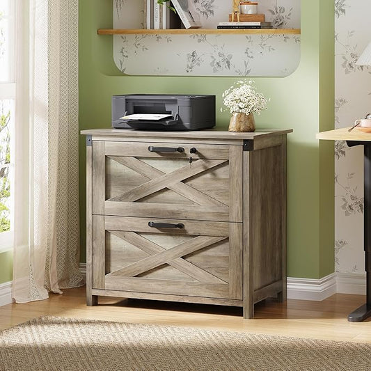 DEVAISE 2 Drawer File Cabinet, Lateral Wood Filing Storage Cabinet with Lock, Farmhouse Printer Stand for Home Office Fits Letter/Legal/A4 Size, Gray Oak