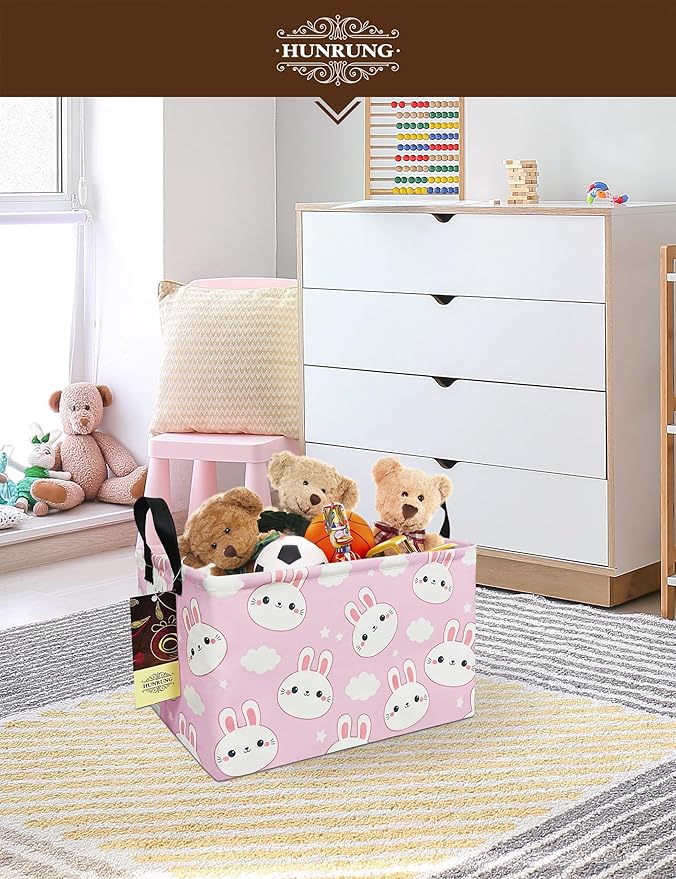 HUNRUNG Rectangle Storage Basket Cute Canvas Organizer Bin for Pet/Children Toys, Books, Clothes Perfect for Rooms/Playroom(REC-Cute Rabbit)