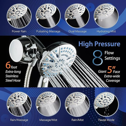 AquaCare Magneton 8-setting Magnetic Docking Hand Shower with Built-in Shower Filter - On/Off Filtration Modes, Instant Cartridge Reload, Stay-Clean KDF Cartridge, 6 ft. Steel Hose, Chrome Finish