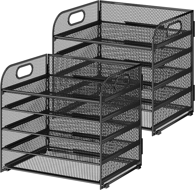 2 Pack 5 Tier Paper Organizer, Letter Tray with Handle, Mesh Desk Organizer, Metal File Organizer, Office Desk Accessories for Home, Office, Classroom, School -Black