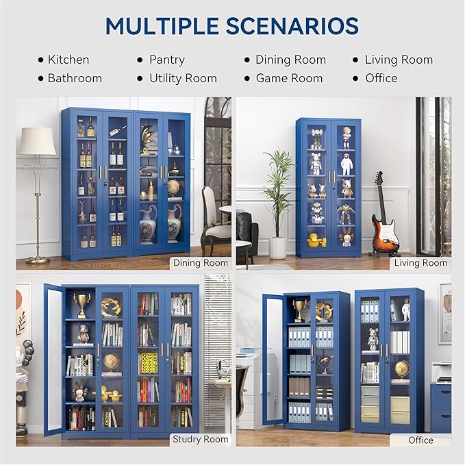 Curio Cabinets with Glass Doors, 71" Glass Display Cabinet with Lock, Tall Bookcase with Adjustable Shelves, Locking China Cabinet for Living Room, School, Commercial, Office, Plant, Blue