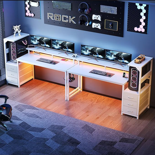 DUMOS L Shaped Gaming Desk with Shelves Storage Drawers 59'', White Computer Desks with LED Lights Power Outlets, Office Wood Table with PC Stand Cable Management for Bedroom Dual Monitor Streaming