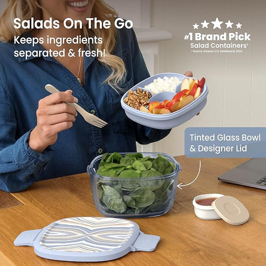 Bentgo Glass Prints Salad Container - 7.6-Cup Tinted Glass Salad Bowl with Airtight Lid, Leak-Proof Sauce Container, 4-Compartment Bento Meal Prep Tray & Reusable Fork (Wildly Chic - Soft Blue)