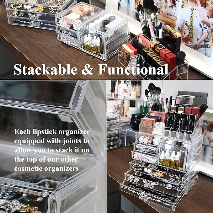Sea Team 16-Slot Acrylic Plastic Lipstick Organizer, Clear Lipstick Holder, Makeup Storage Box, Cosmetic Display Case for Lippie, Lip Gloss, Eye Liner, Eyebrow Pencil, Nail Polish, Essence, Brush