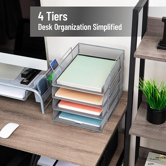 Mind Reader Stackable Paper Tray, Desktop Organizer, File Storage, Office, Metal Mesh, 10.5" L x 13.5" W x 11.25" H, 4 Pcs., Silver