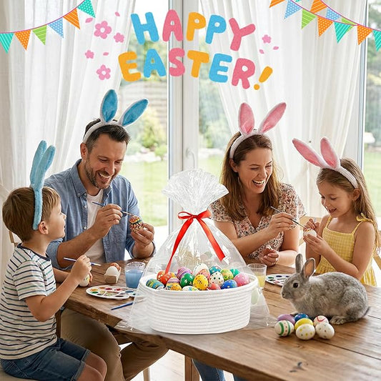 Small Woven Basket Gift For Empty,Easter basket With Ribbons and Bags, Durable Cute Gifts 12"X 8" X 5"Small Rope Basket for Gifting,White