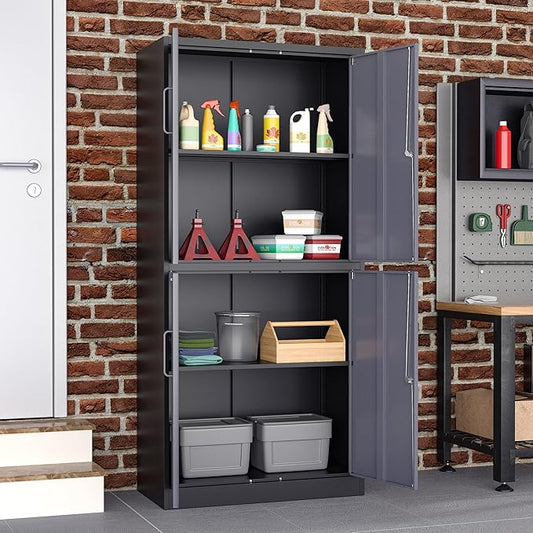 Metal Storage Locking Cabinet, 71" Tall Metal Cabinet with 4 Doors and 2 Adjustable Shelves, Locking Steel Cabinet for Home, School, Office, Gym, Garage Storage (Black Grey)