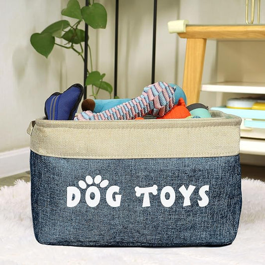 PET ARTIST Dog Toy Basket, Collapsible Dog Toy Bin Box with Comfortable Handles, Large Pet Toy Storage Basket Organizer for Accessories, Toys, Coat & Clothing, Blanket & Leash, Navy Blue, 15"x11"x9"