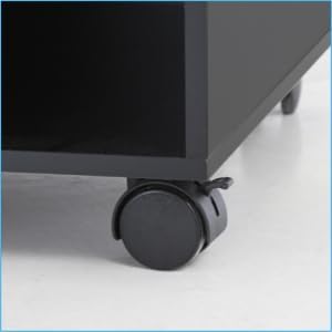 FITUEYES Mobile Printer Stand with Storage, Under Desk Black Wood Small Rolling Printer Table Work Cart with Wheels and 3 Compartment Organizer Spaces for Home Office, 15.7 x 11.8 x 13.8