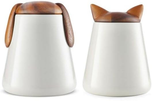 Nambé Cat Treat Jar - 5.5” x 7”, Decorative Feline Storage Container with Acacia Wood Lid & Porcelain Base - Airtight Countertop Jar for Pet Treats, Snacks & Kitchen Décor