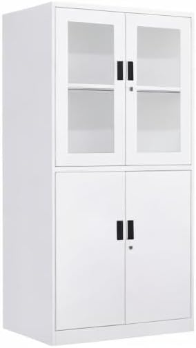 Metal Storage Cabinet with Glass Doors, Lockable Office Cabinet, Tall Steel Locker with Adjustable Shelves for Home Office,School, Kitchen and Hospital (White)