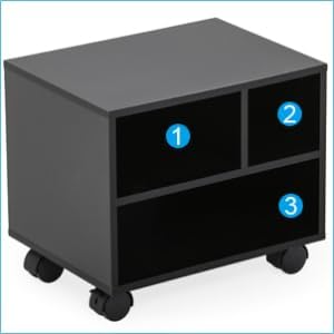 FITUEYES Mobile Printer Stand with Storage, Under Desk Black Wood Small Rolling Printer Table Work Cart with Wheels and 3 Compartment Organizer Spaces for Home Office, 15.7 x 11.8 x 13.8