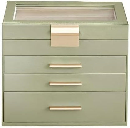 SONGMICS GISELLA Collection - Jewelry Box Organizer, 4-Layer Jewelry Storage with 3 Drawers, Shiny Metal Hardware, Glass Lid, Modern, 6 x 9.9 x 8.5 Inches, Laurel Green and Gold Color UJBC161C02