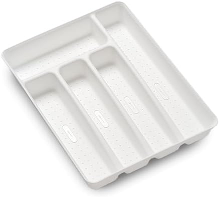 madesmart Silverware Tray, 5 Compartment Flatware Organizer for Forks, Knives & Spoons, Durable Drawer Organizer, White
